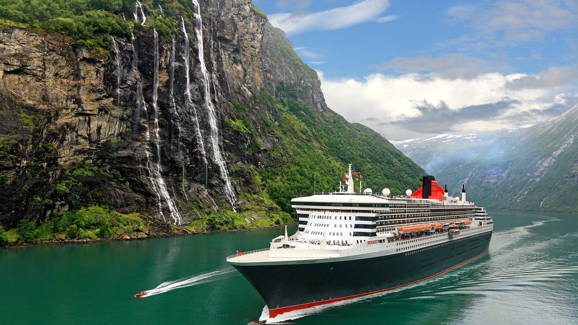 1920x1080 Majestic Norwegian Fjord: RMS Queen Mary 2 HD Wallpaper
