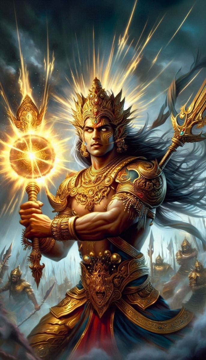 686x1200 Depict Meghanada also known as Indrajit standing in the midst of battle