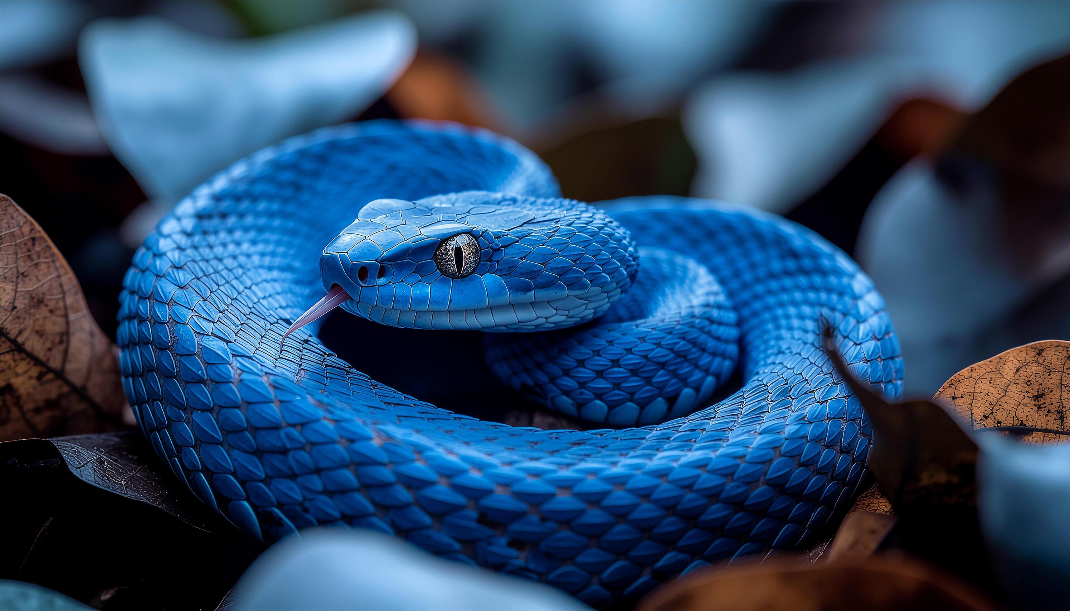 3430x1960 Intense Portrait of a Coiled Blue Pit Viper with Flickering Tongue