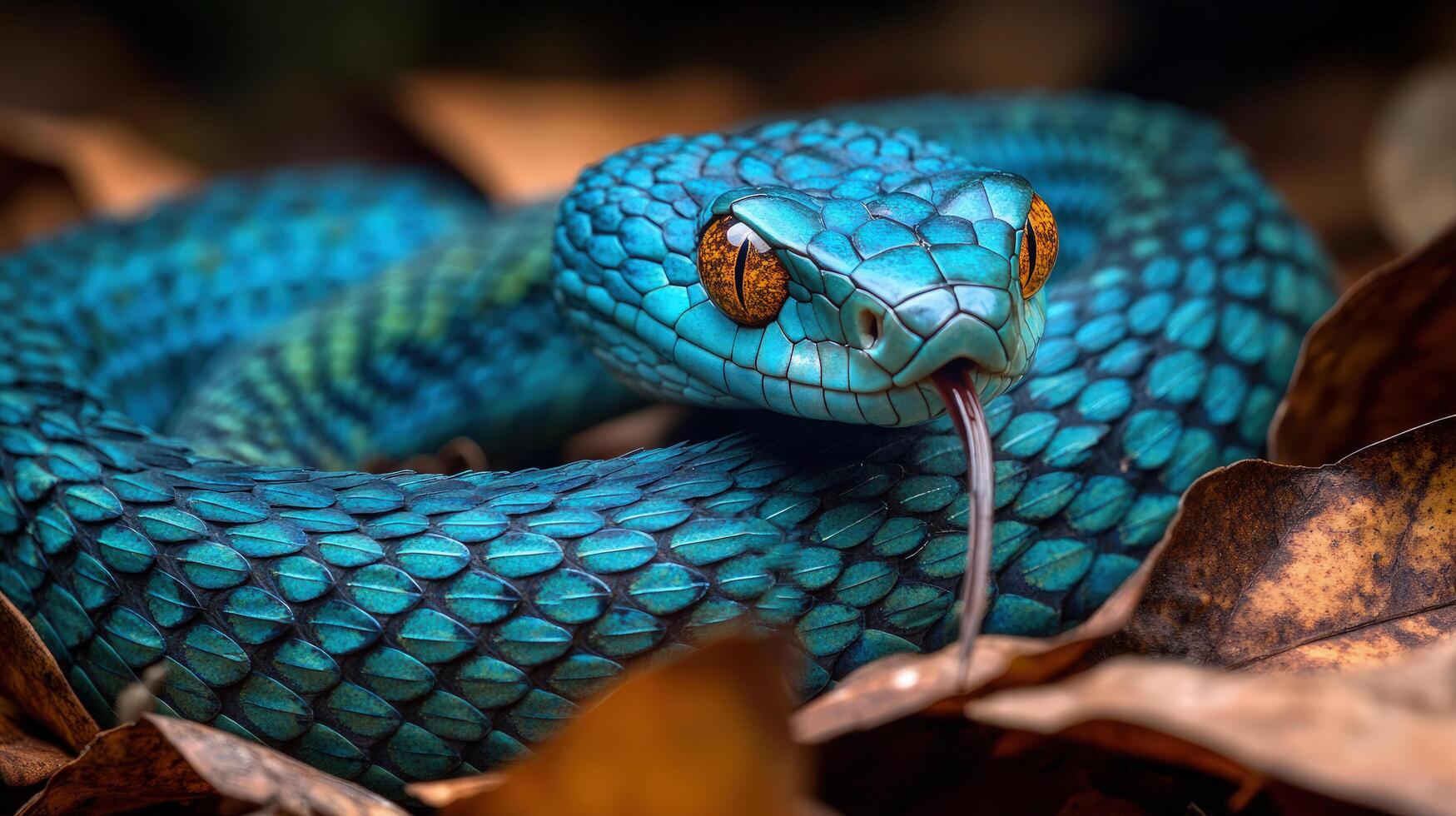1749x980 Intricate blue viper displays its split tongue among fallen leaves in striking detail