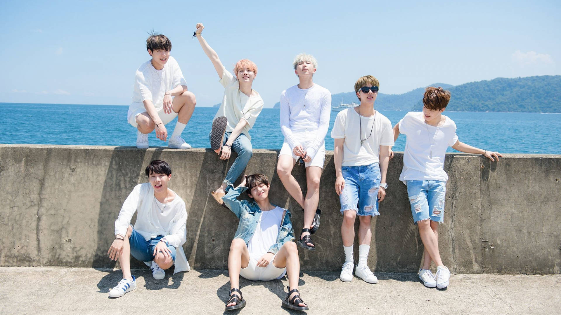 1920x1080 Download BTS Group Photo Near Ocean Wallpaper