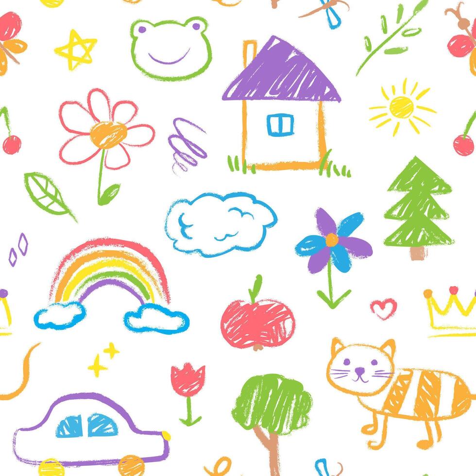 980x980 Seamless pattern with hand drawn colorful children's doodles in crayon style. Cat, trees, rainbow, house, sun, car, flowers. Kids drawings, sketches with chalk texture, background, wallpaper
