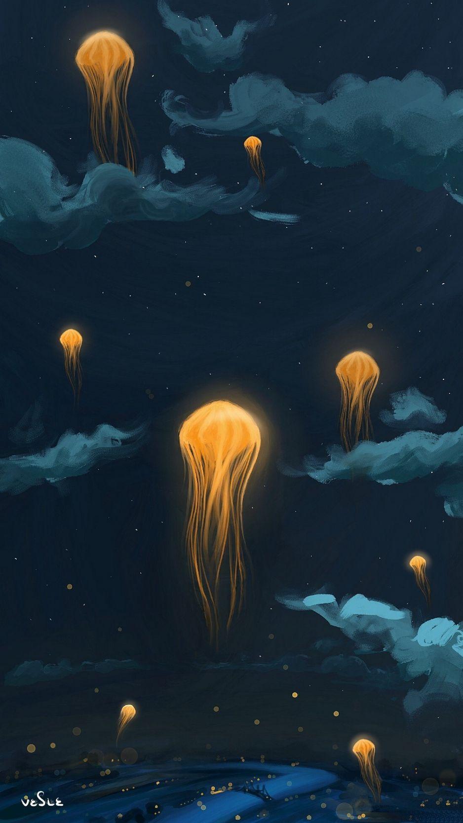 938x1668 Download wallpaper 938x1668 jellyfish, lanterns, night, art, sky