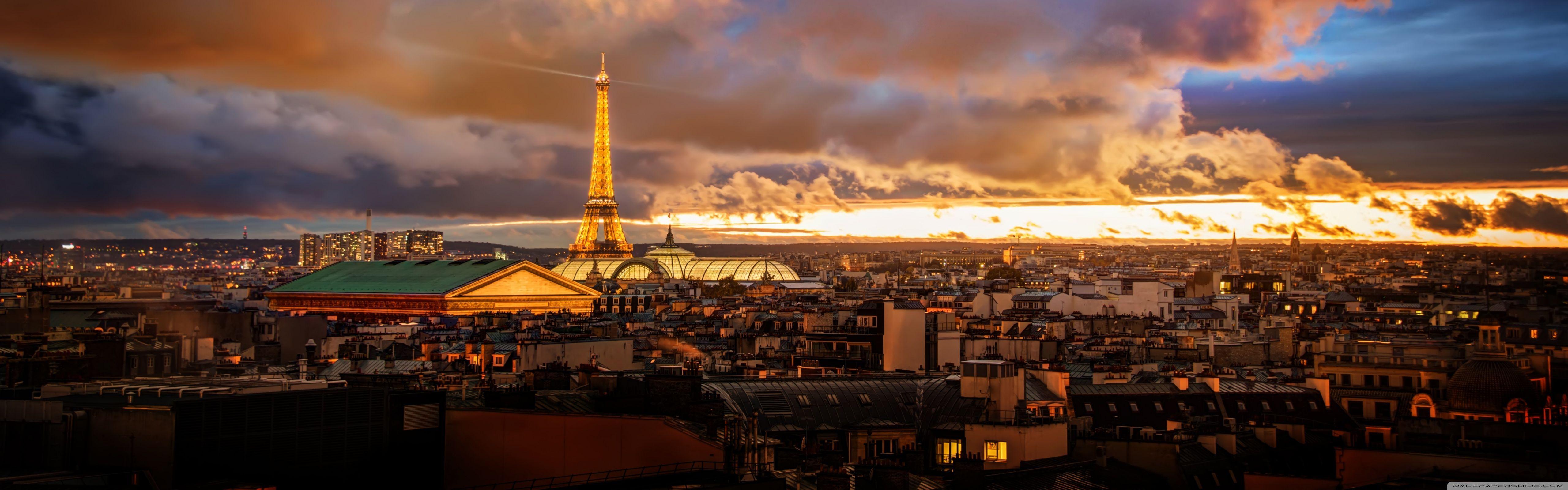 5120x1600 tháp Eiffel, Cảnh thành phố, Đám mây, Đêm, Hình nền tiếp xúc lâu