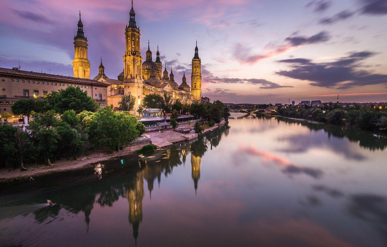 1332x850 Wallpaper night, river, Cathedral, Spain, Zaragoza image
