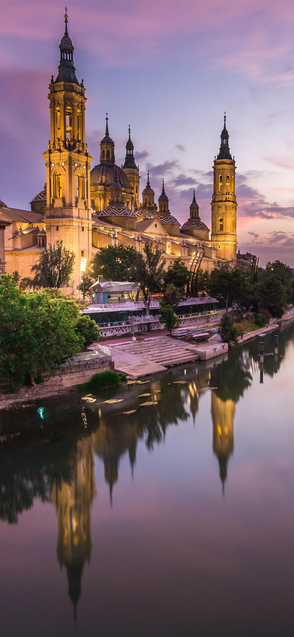 1242x2688 Spain, Zaragoza, Cathedral, river, lights, night 1242x2688 iPhone