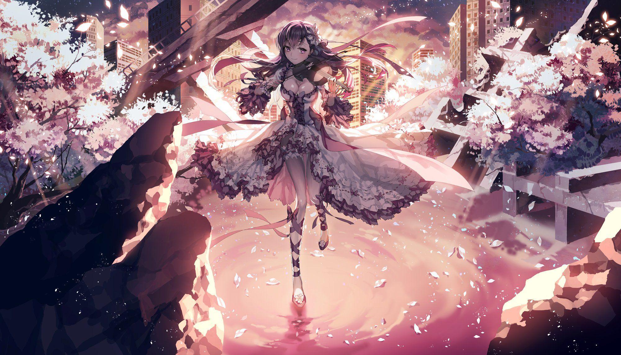 2000x1143 Free download Violin girl anime city flower sakura dress smile