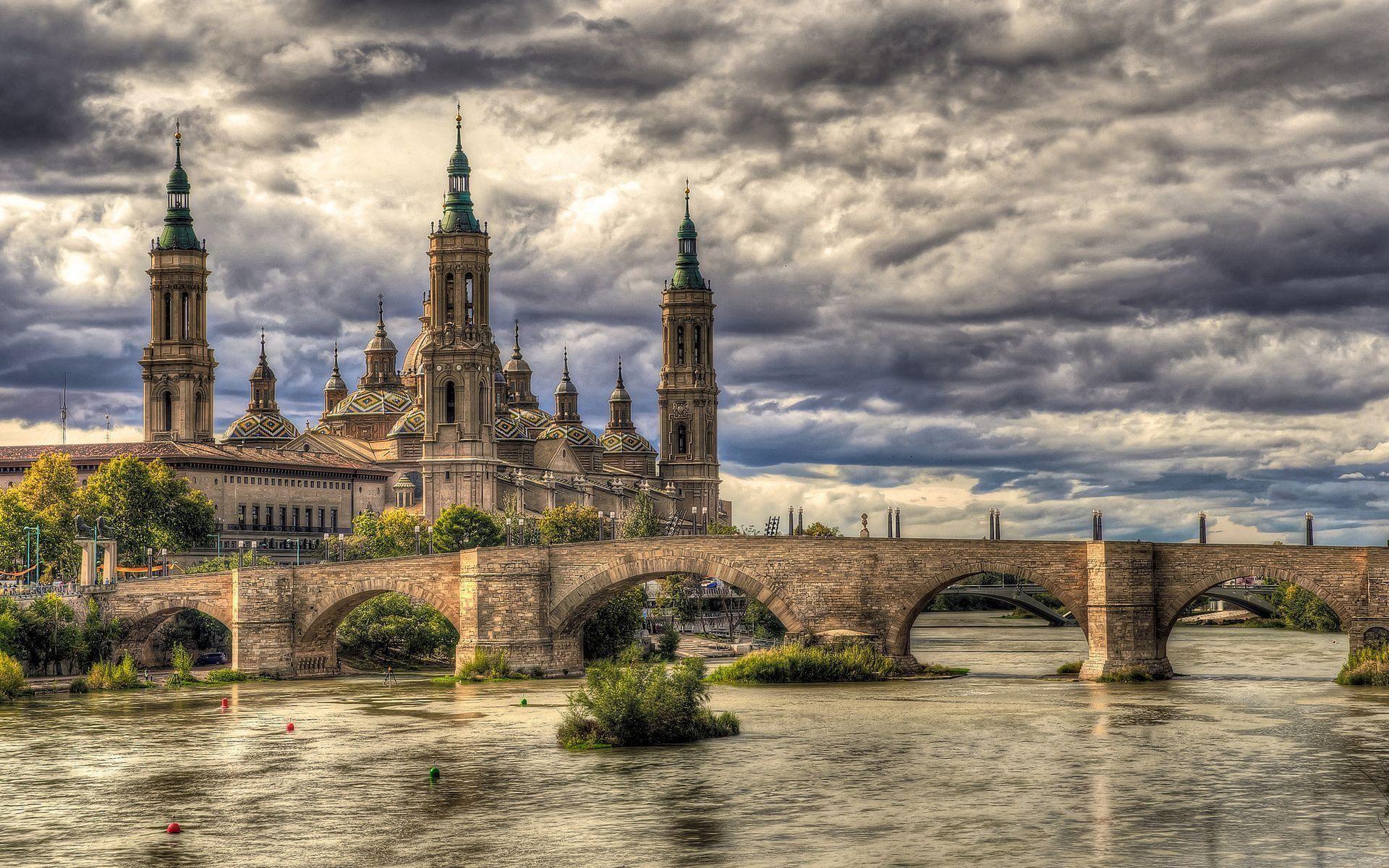 1920x1200 Download wallpaper river ebro, roman bridge, zaragoza, spain