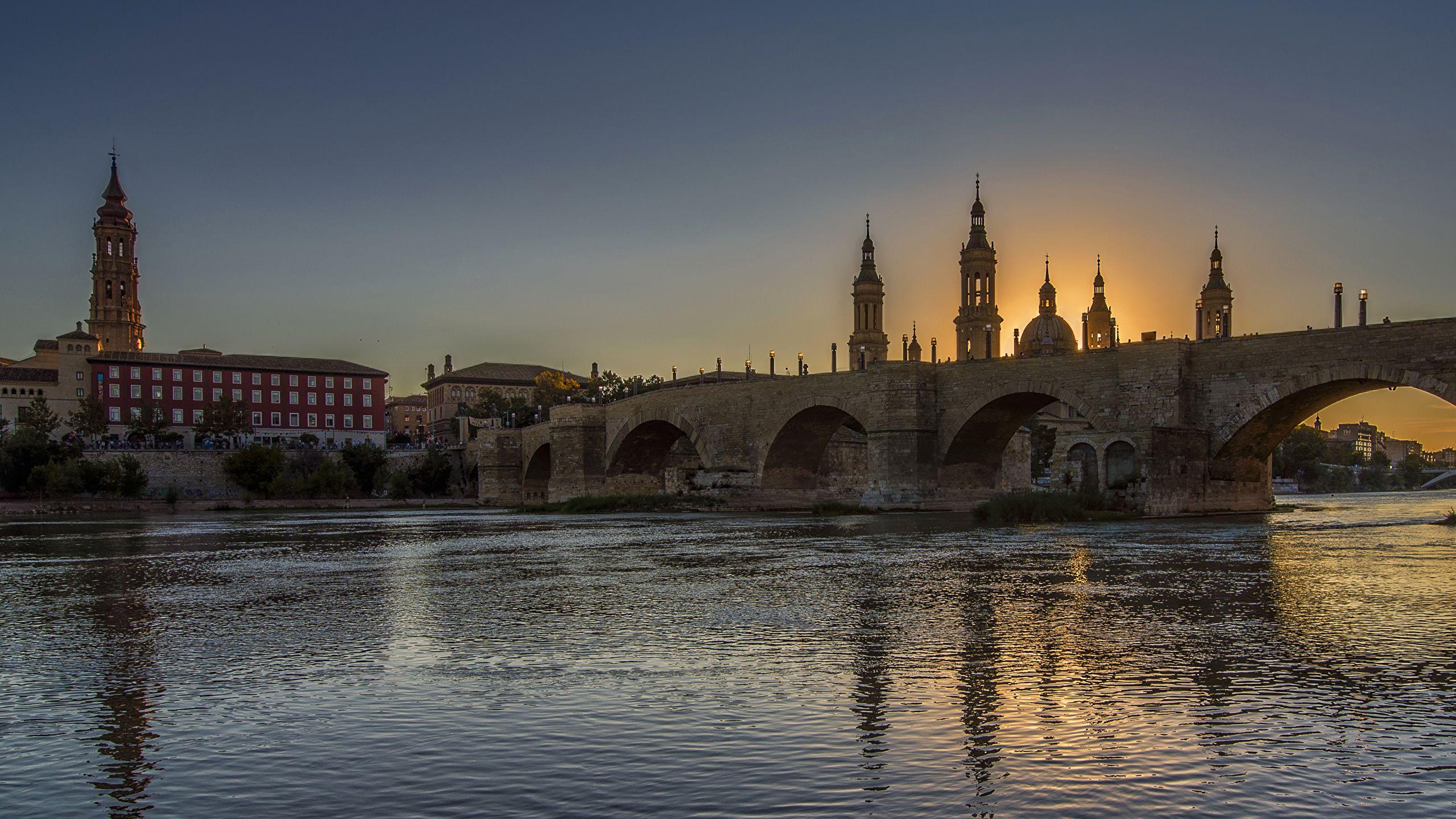 2560x1440 Wallpaper Spain Zaragoza Aragon Bridges Rivers Evening 2560x1440