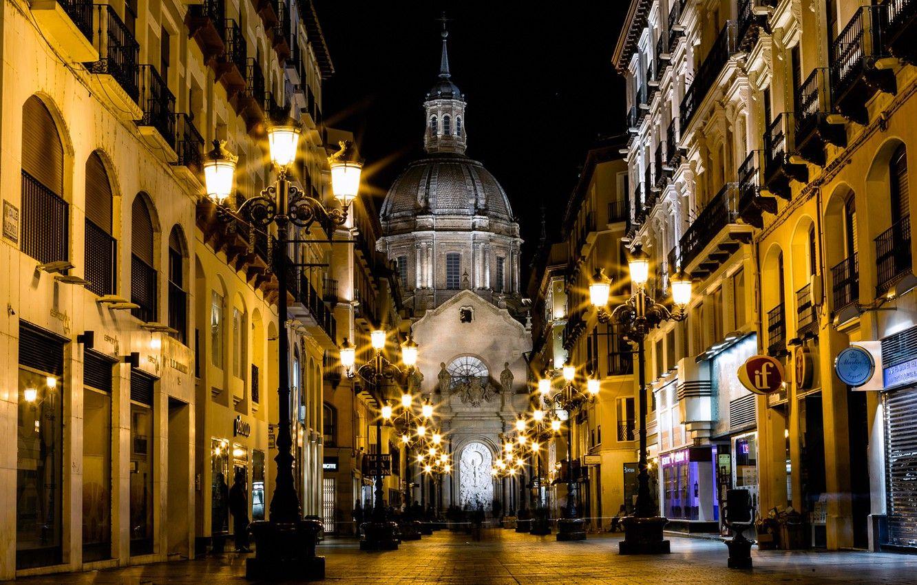 1332x850 Wallpaper night, lights, street, home, lights, Cathedral, Spain