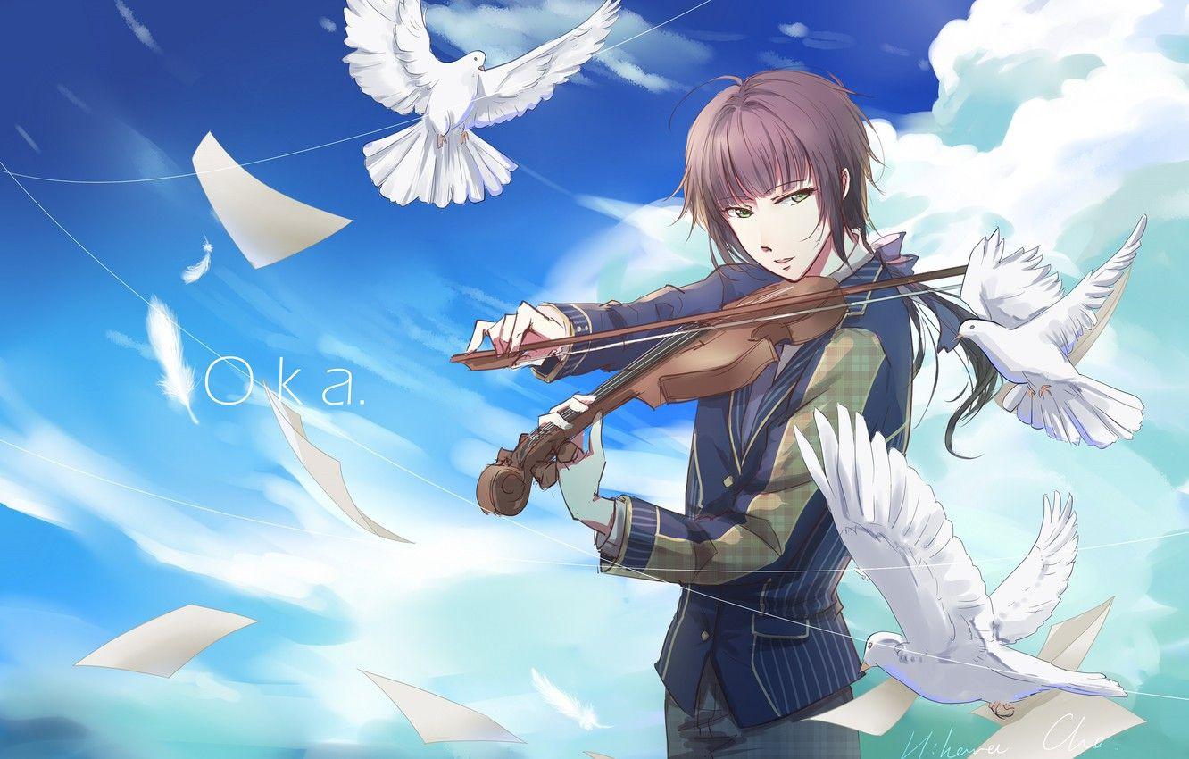 1332x850 Wallpaper violin, the game, dove, anime, guy, 100 Sleeping Princes