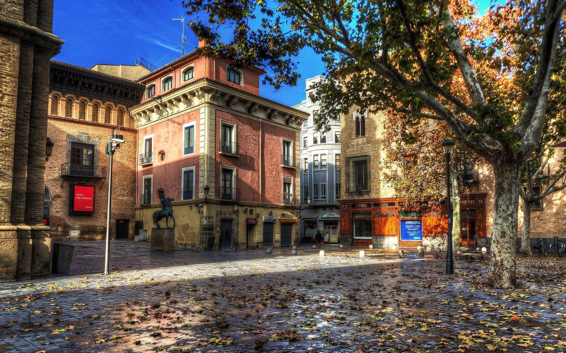 1920x1200 Download wallpaper cobblestones, trees, zaragoza, street, spain