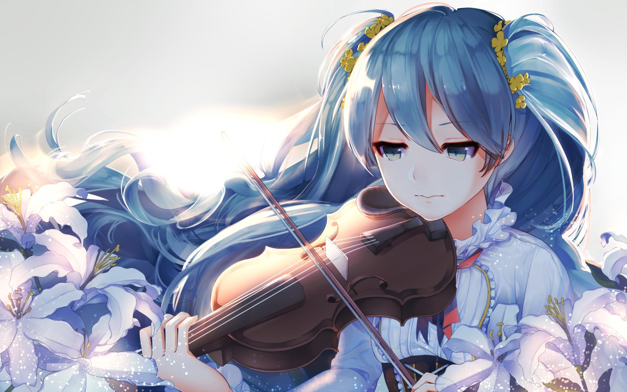 2000x1250 Hatsune Miku, Vocaloid, Violin, Flowers, Anime, Anime Girl