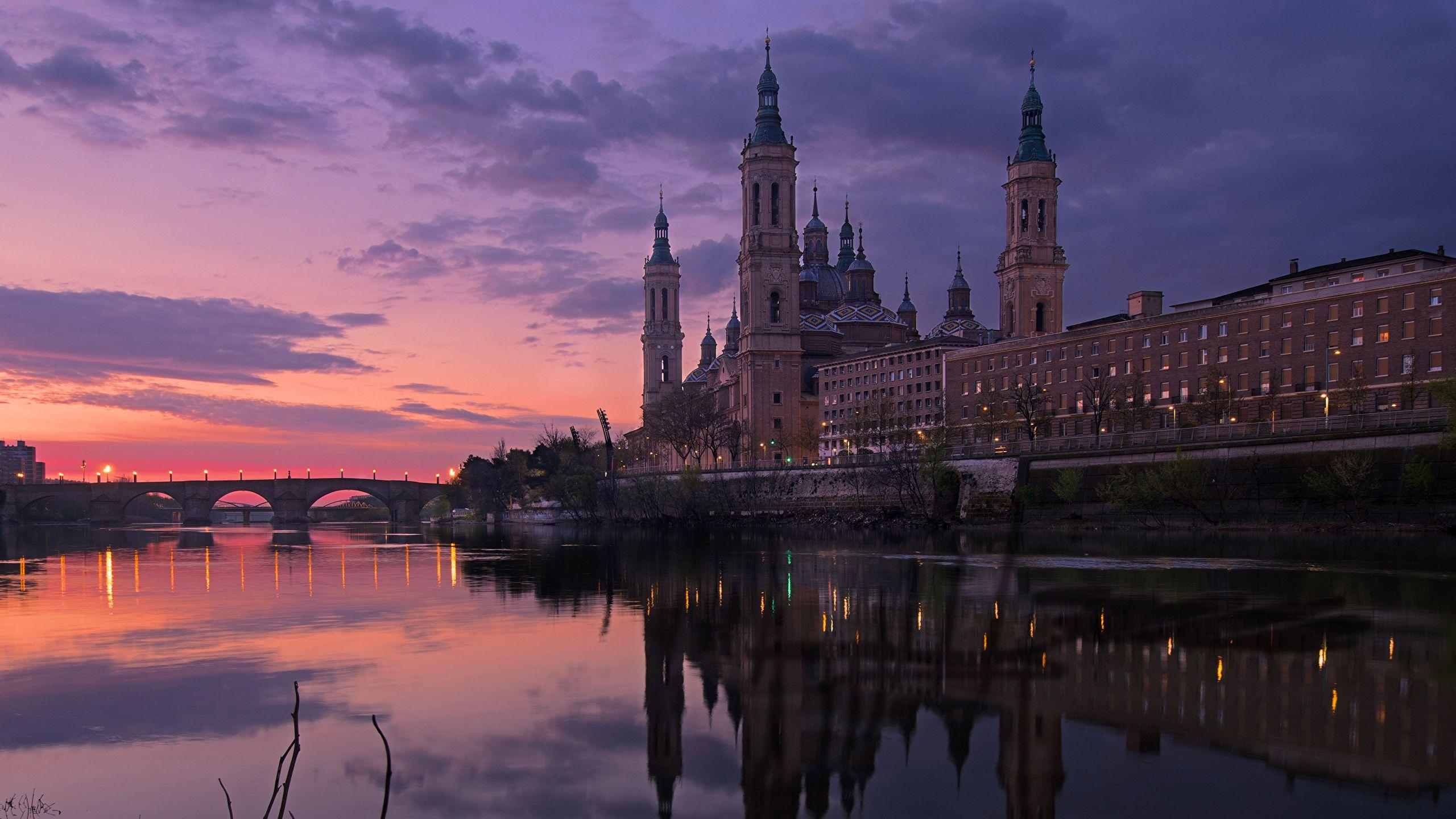 2560x1440 image Spain Zaragoza Aragon Bridges Reflection Rivers 2560x1440