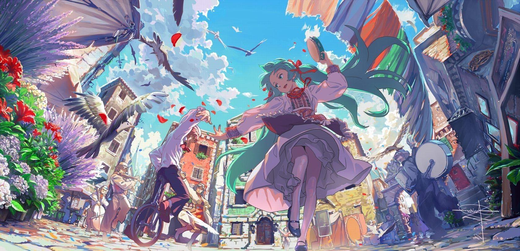 1680x813 festivals, Anime Girls, Birds, Dancing, Musical Instrument, Flowers Wallpaper HD / Desktop and Mobile Background