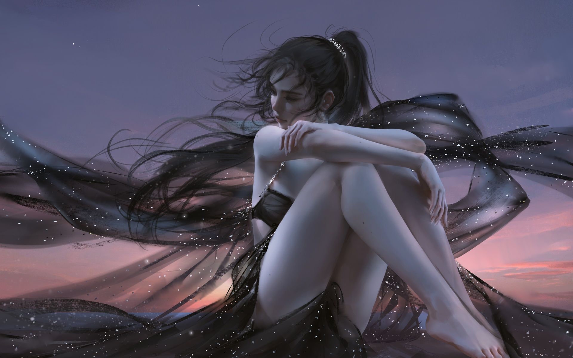 1920x1200 Anime girl Wallpaper 4K, Relaxing, Alone, Thinking