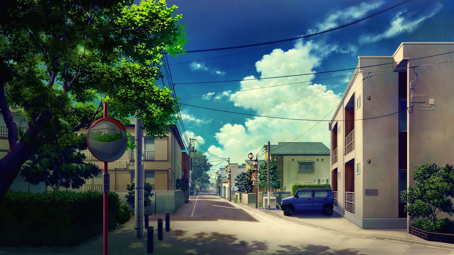 1920x1080 Download 1920x1080 Anime Landscape, Street, Buildings, Trees