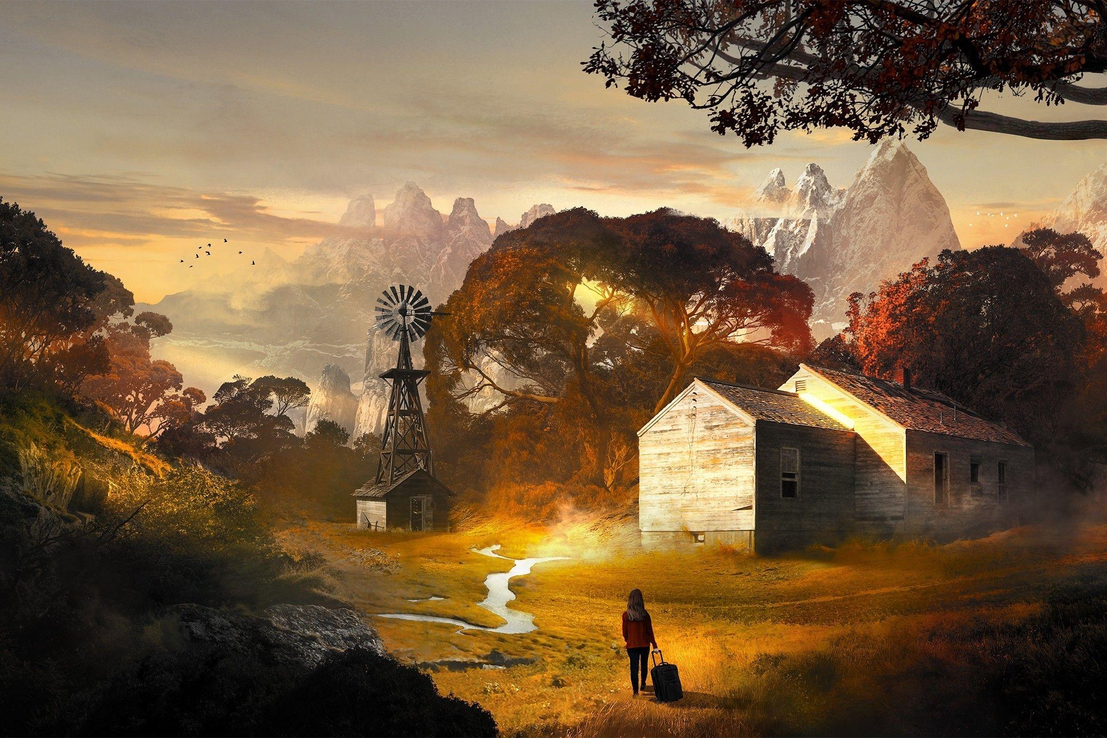 2160x1440 Download 2160x1440 Fantasy Landscape, Woman, Suitcase, Farewell