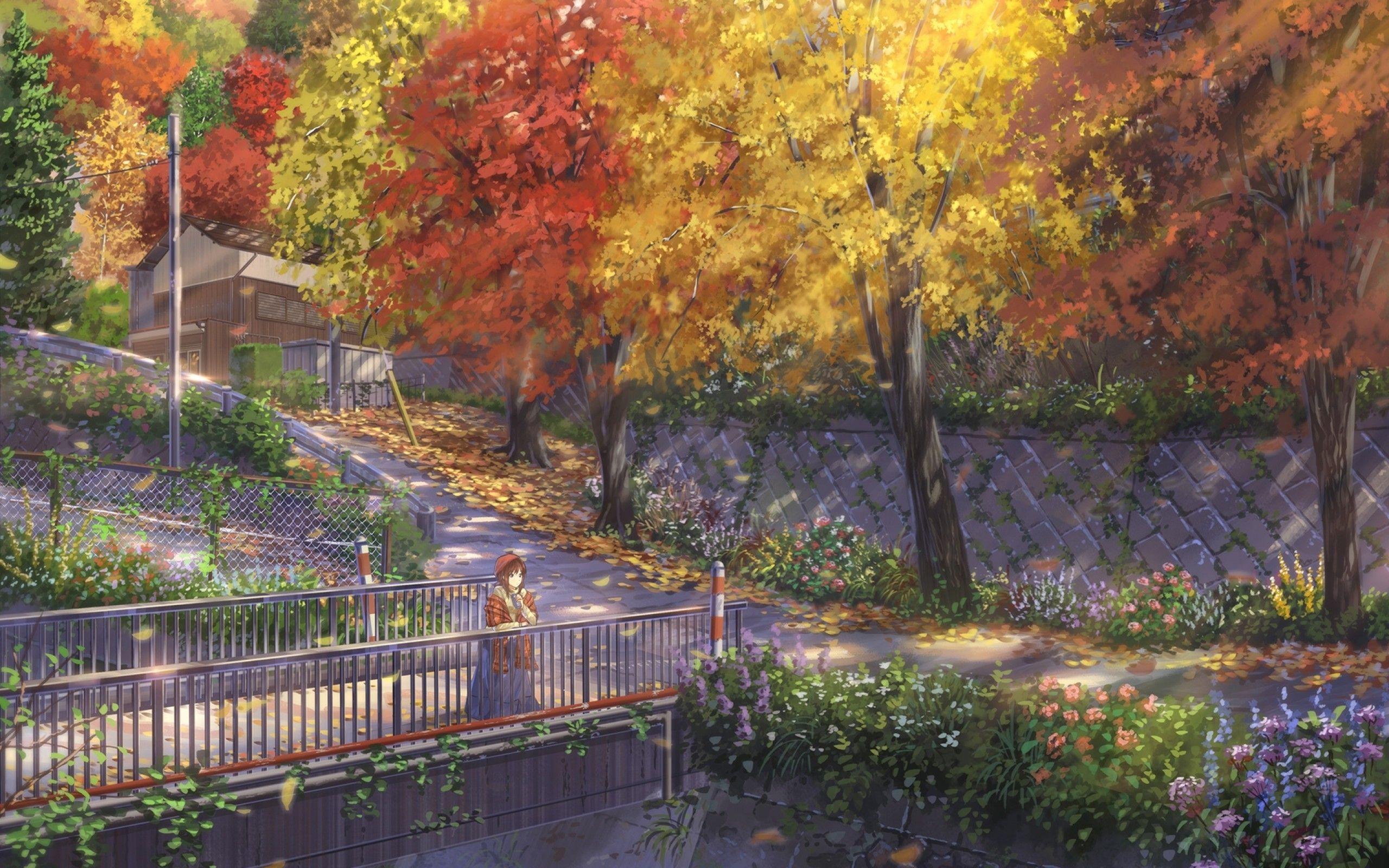 2560x1600 Download 2560x1600 Anime Streets, Landscape, Scenic, Autumn, Girl