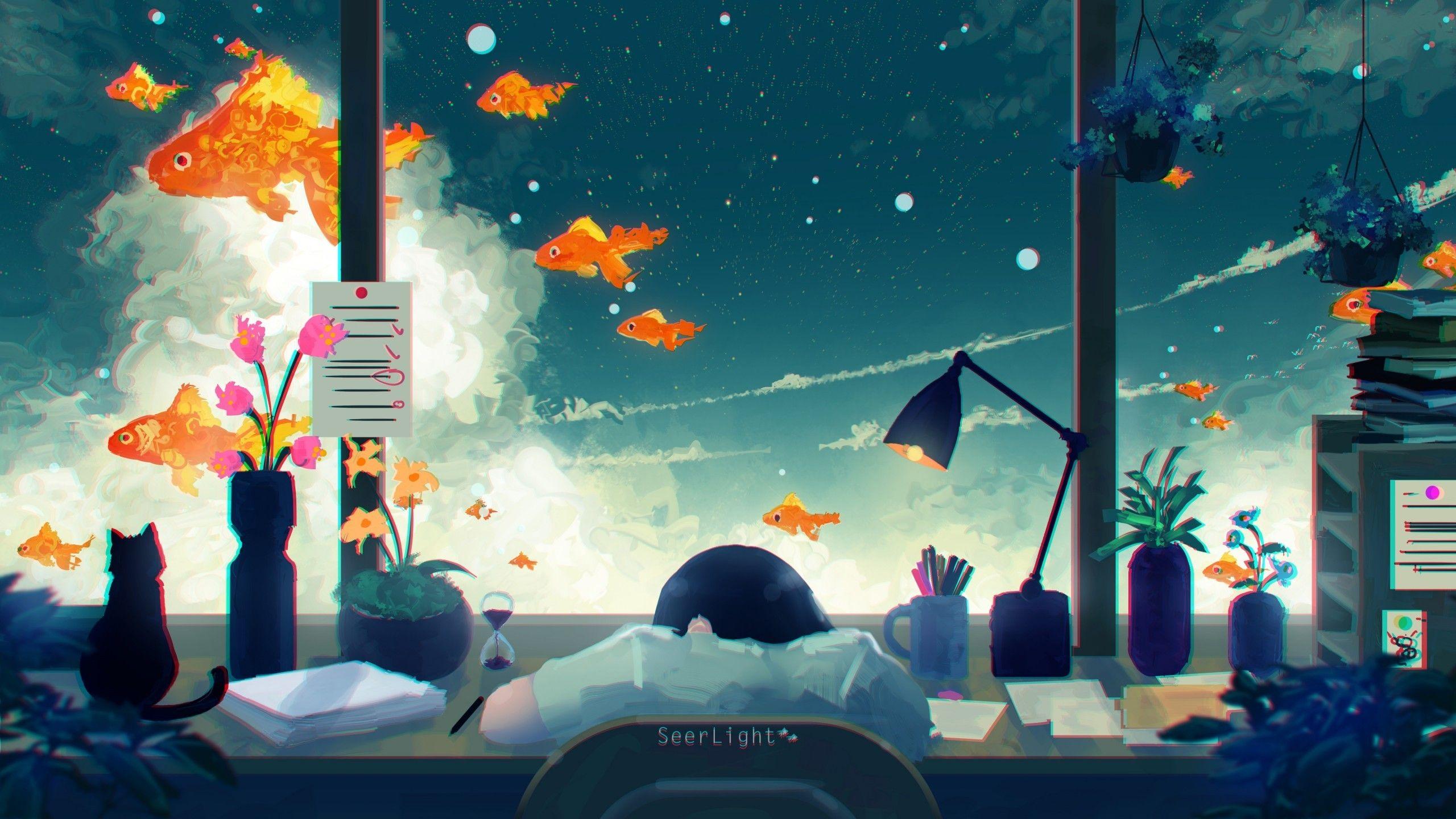 2560x1440 Download 2560x1440 Anime Girl, Sleeping, Cat, Fishes, Stars, Dreamland Wallpaper for iMac 27 inch