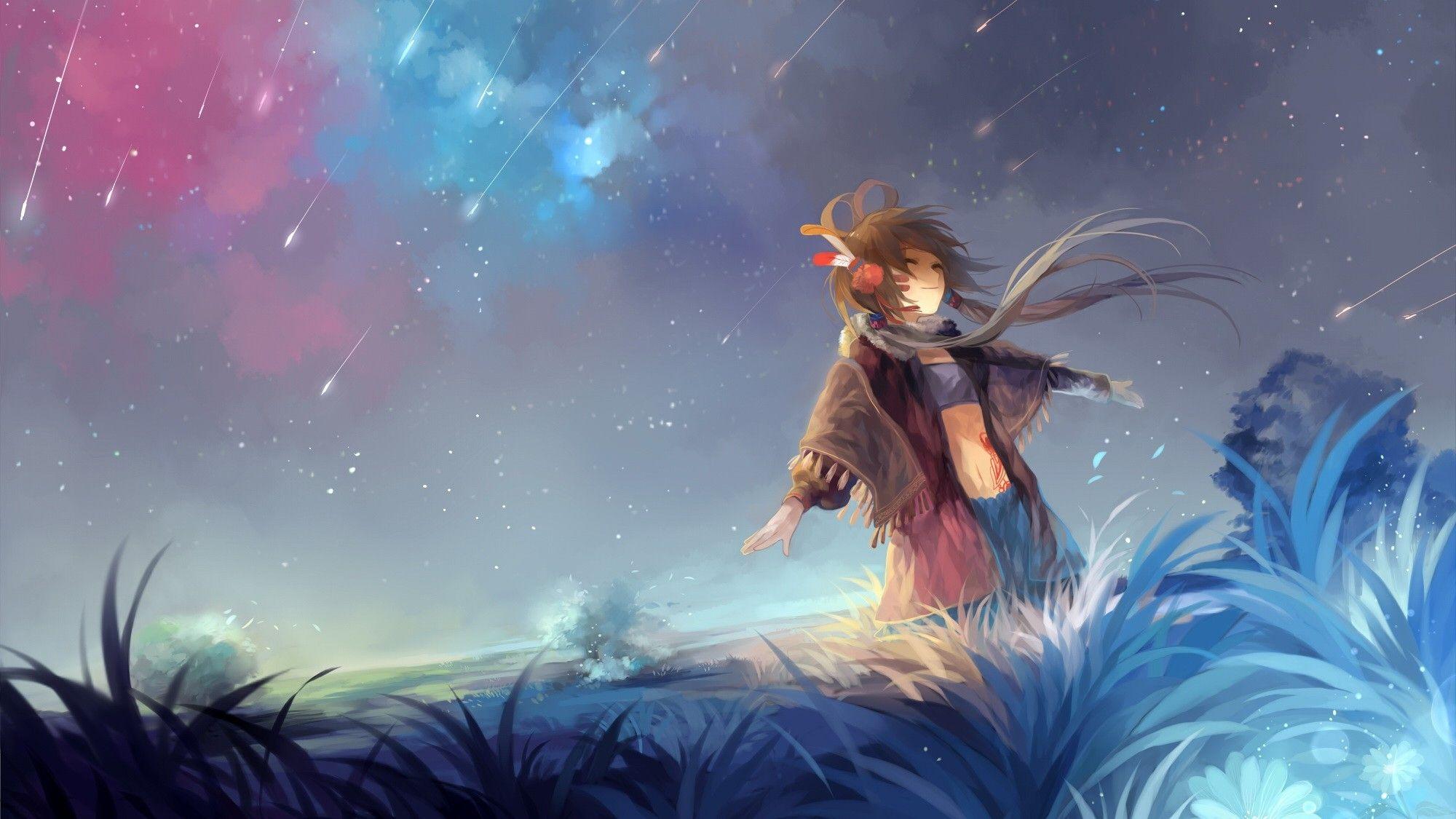 2000x1125 #Vocaloid, #long hair, #sky, #digital art, #happy face, #nature, #dancing, #anime girls, #closed eyes, #belly, #shooting stars, #Luo Tianyi, #grass, #stars, #clouds, #anime, #manga, #fantasy girl wallpaper. Mocah HD Wallpaper