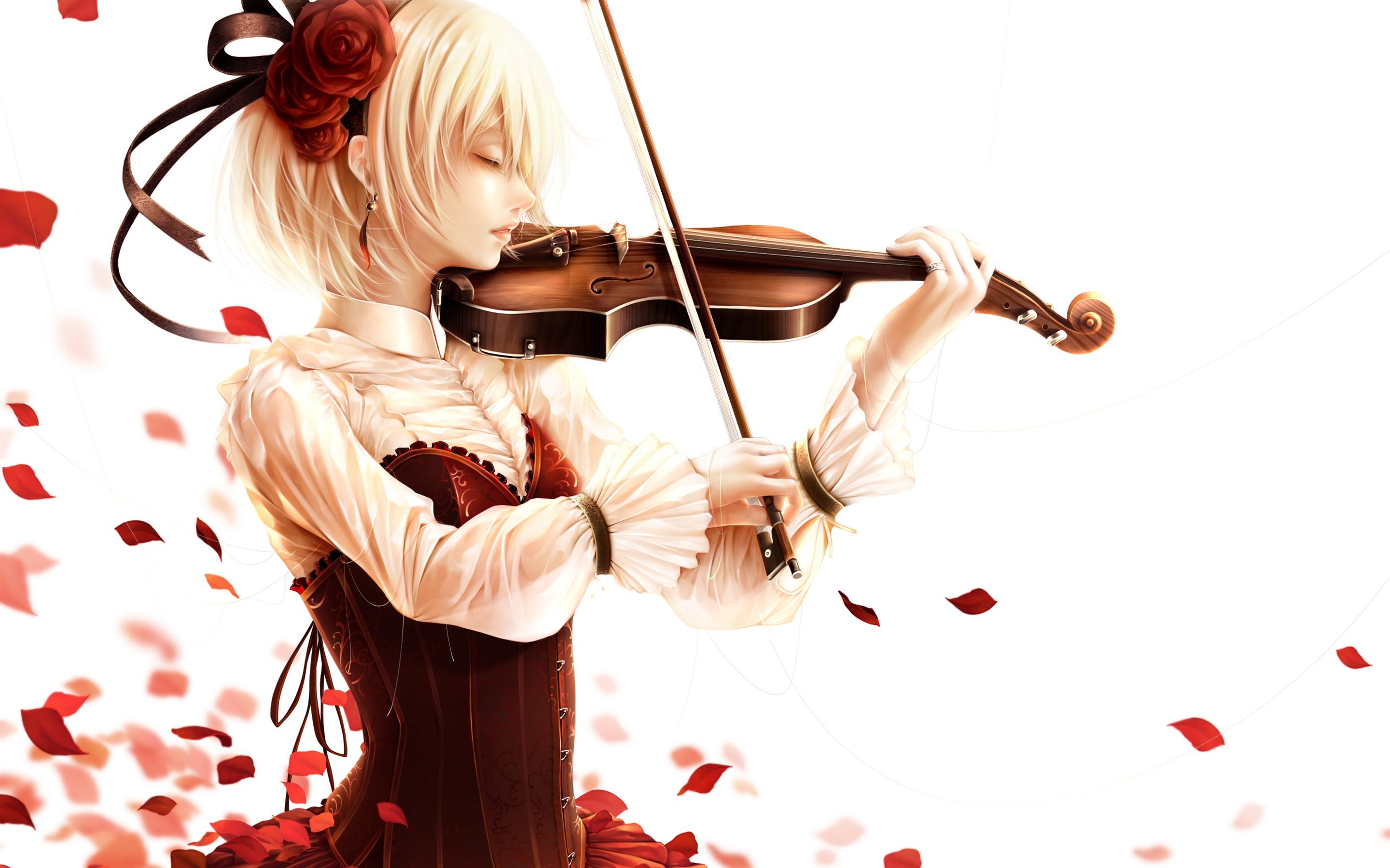 2880x1800 Wallpaper Short hair blonde girl, play violin, rose petals, anime