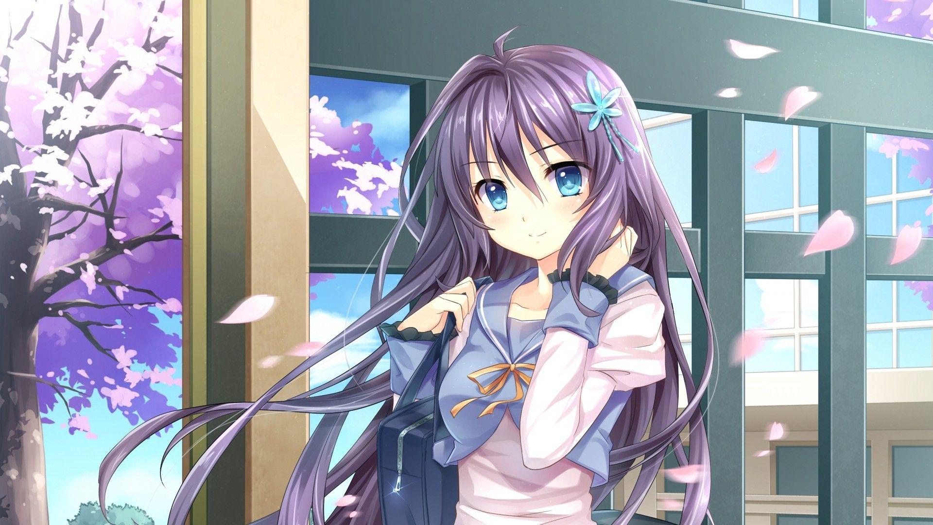 1920x1080 #looking at viewer, #long hair, #cherry blossom, #anime