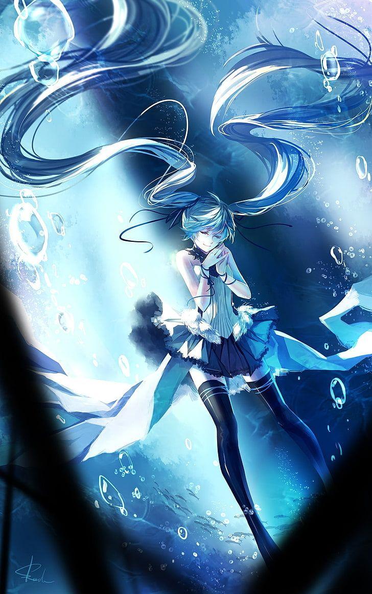 728x1162 HD Wallpaper: Fish, Ribbon, Thigh Highs, Smiling, Anime, Hatsune