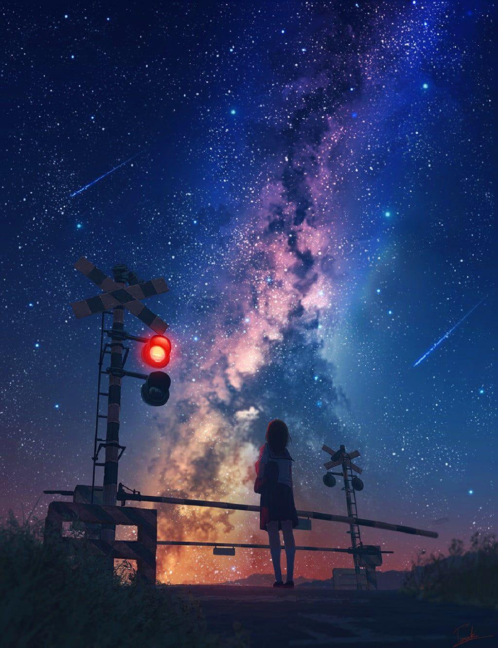 1024x1332 Red LED lights, anime, galaxy, stars, shooting stars HD wallpaper