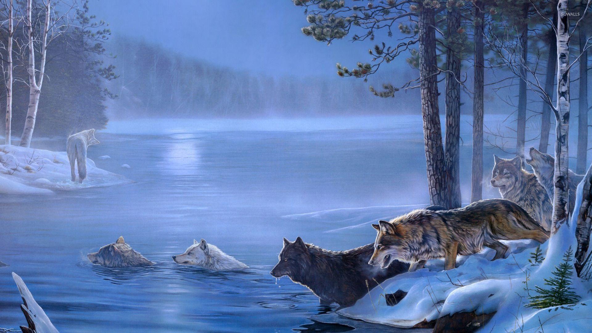 1920x1080 Wolves crossing the forest lake wallpaper Art wallpaper