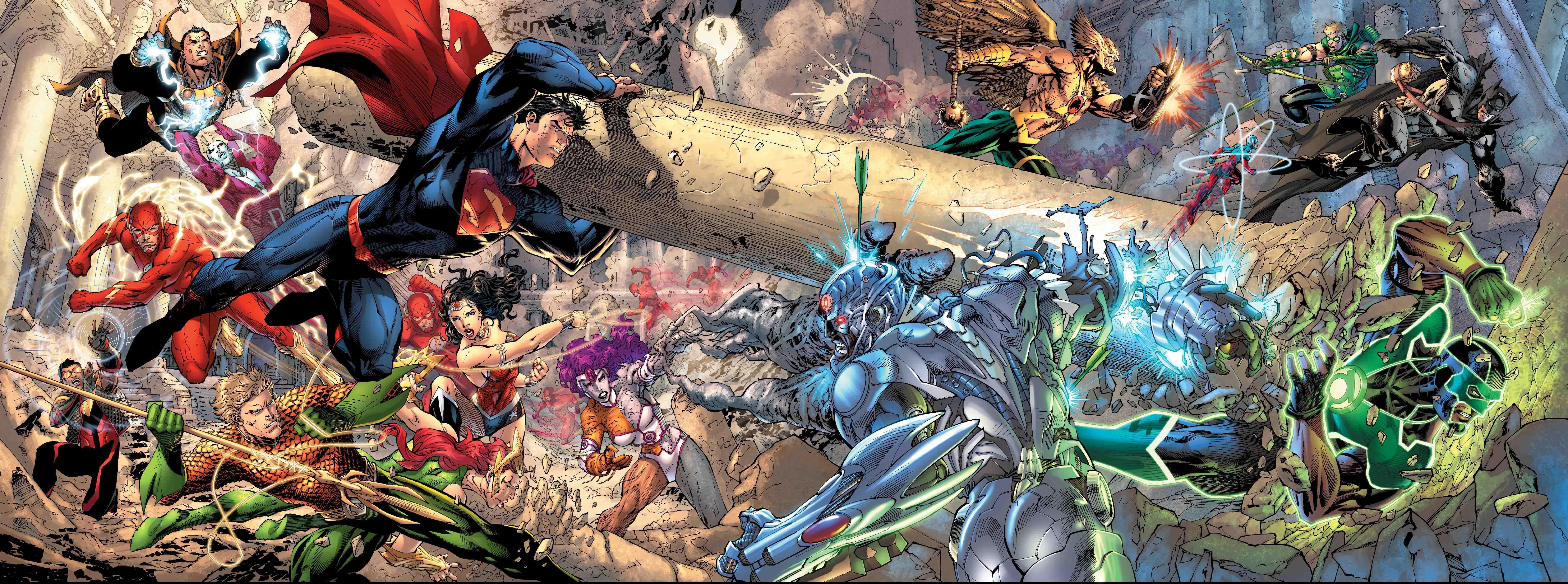 7500x2795 Comics Trinity War Flash Superman Wonder Woman Aquaman Wallpaper