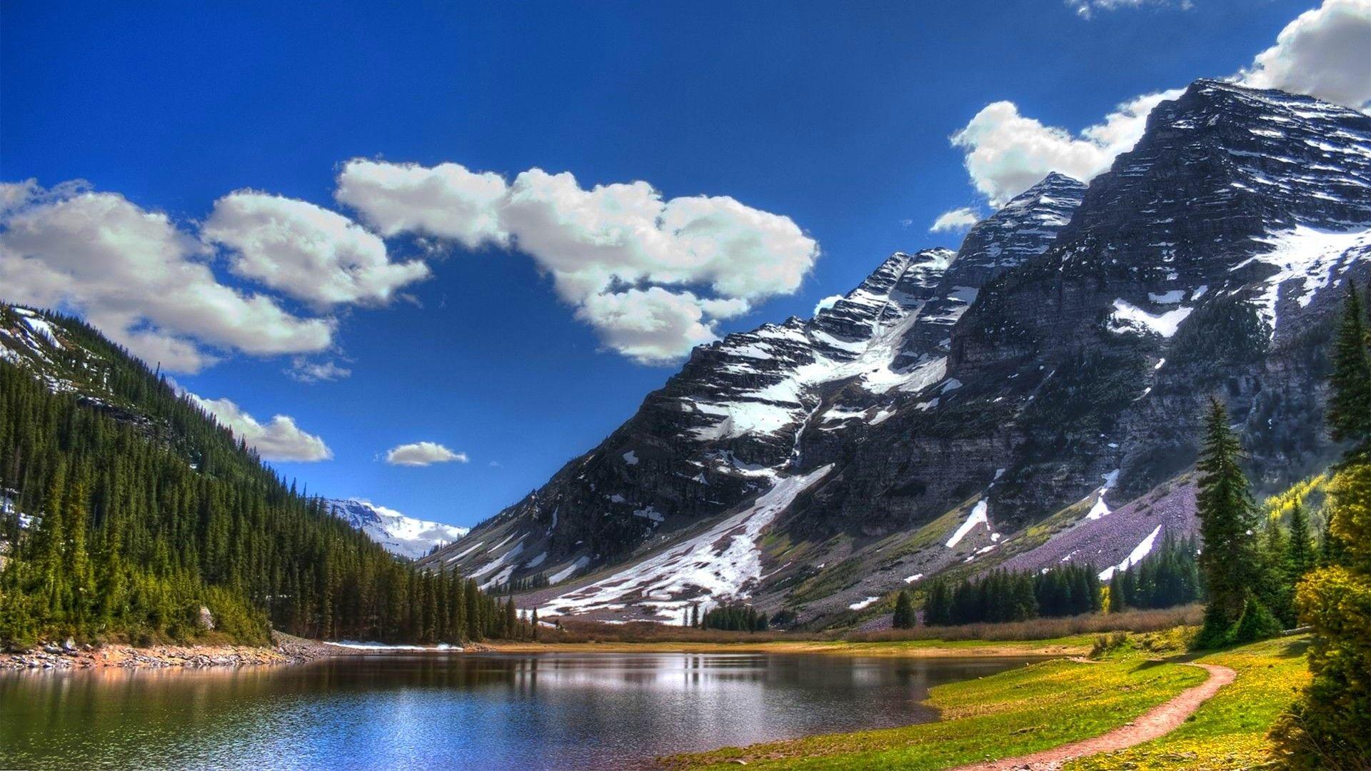 1920x1080 Lakes: Day Snow Beautiful Forest Lake Clouds Mountains Green Grass