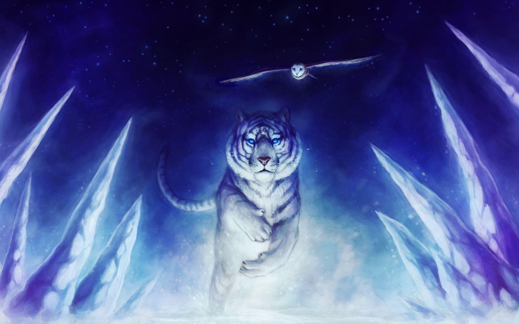 1680x1050 Art, white, tiger, Owl wallpaper desktop background
