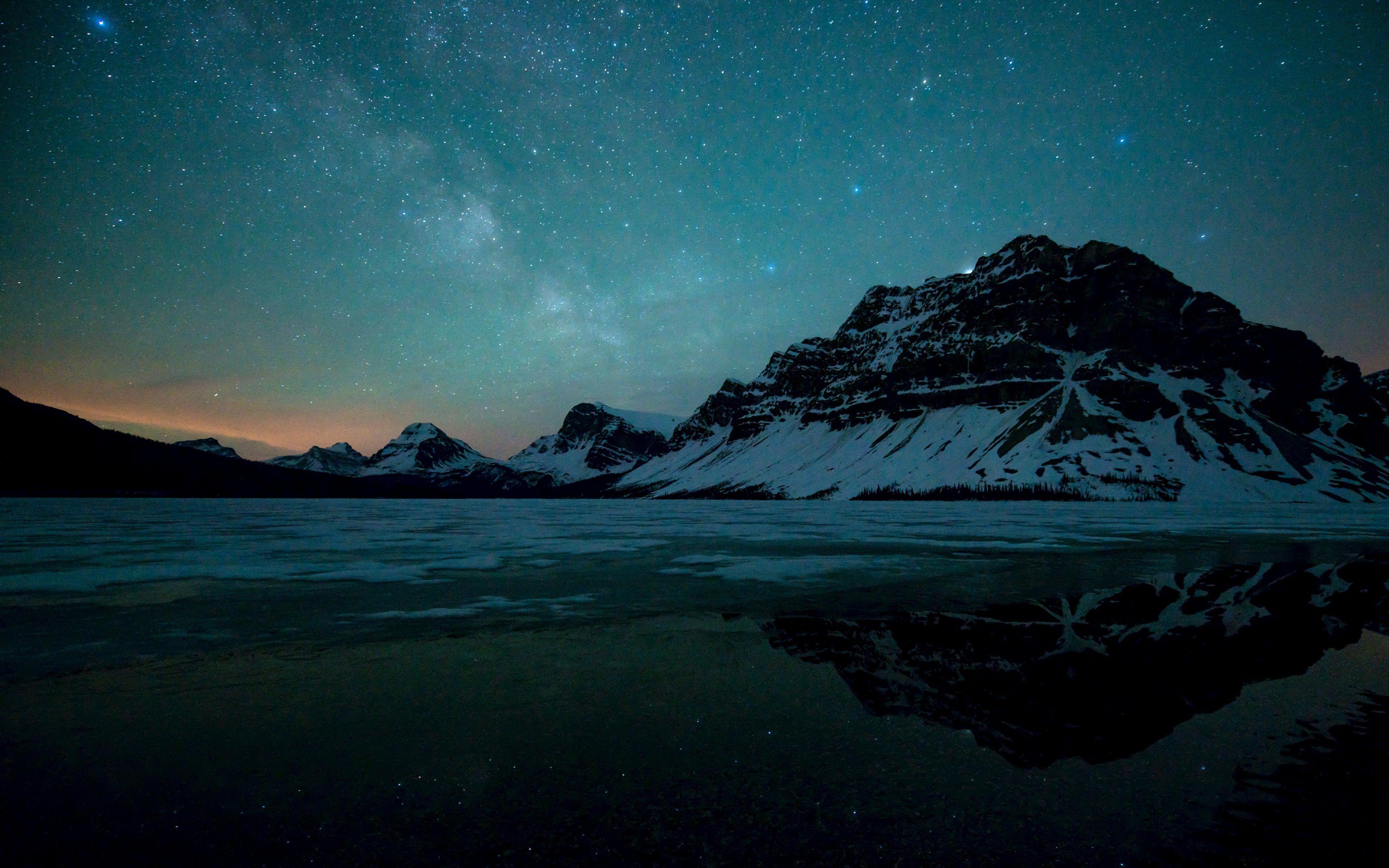 3840x2400 reflection, nature, water, landscape, mountain, winter, stars, sky