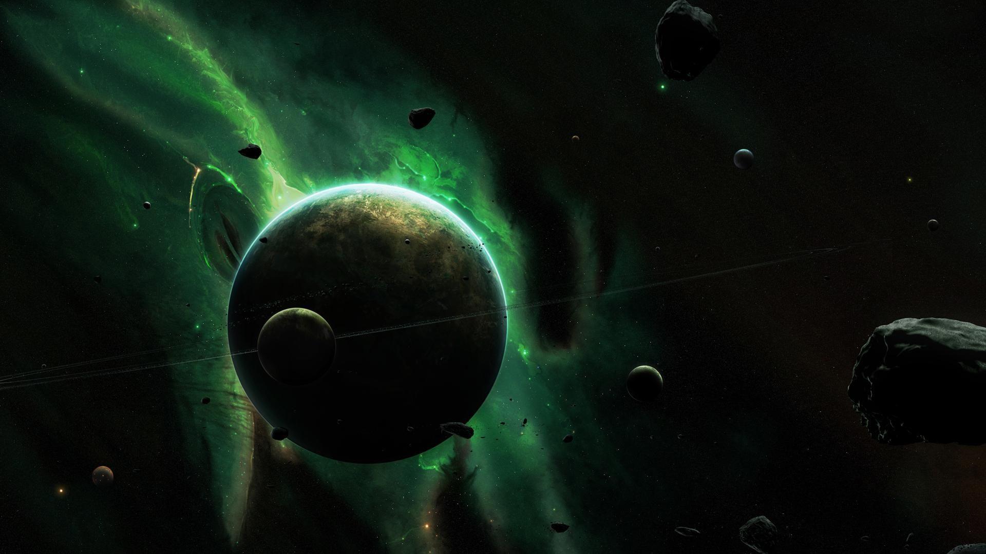 1920x1080 A green nebula in the background. Space art, Art