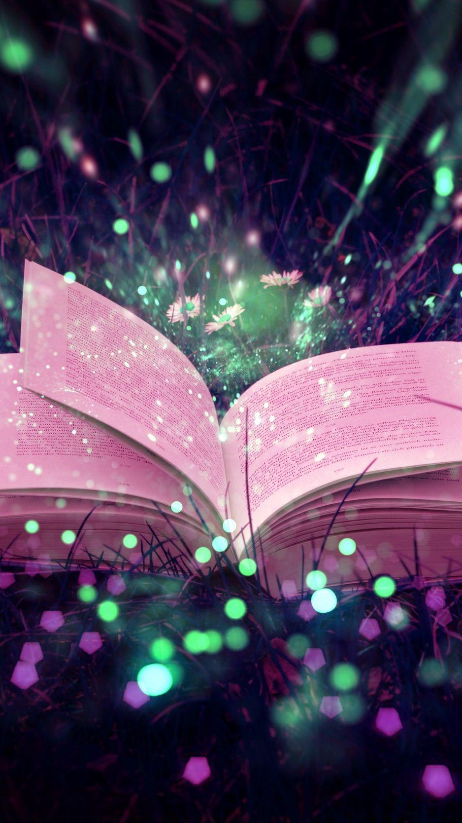 938x1668 Download wallpaper 938x1668 book, glare, sparkles, grass, magic