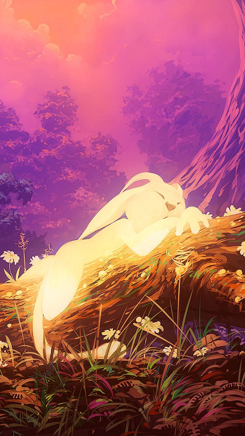 938x1668 Download wallpaper 938x1668 hare, art, forest, sleep, magical