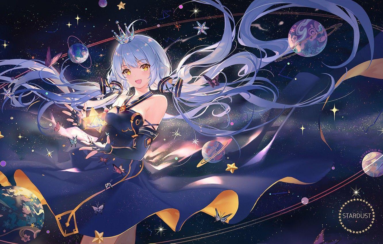 1332x850 Wallpaper night, lights, magic, planet, crown, orbit, vocaloid