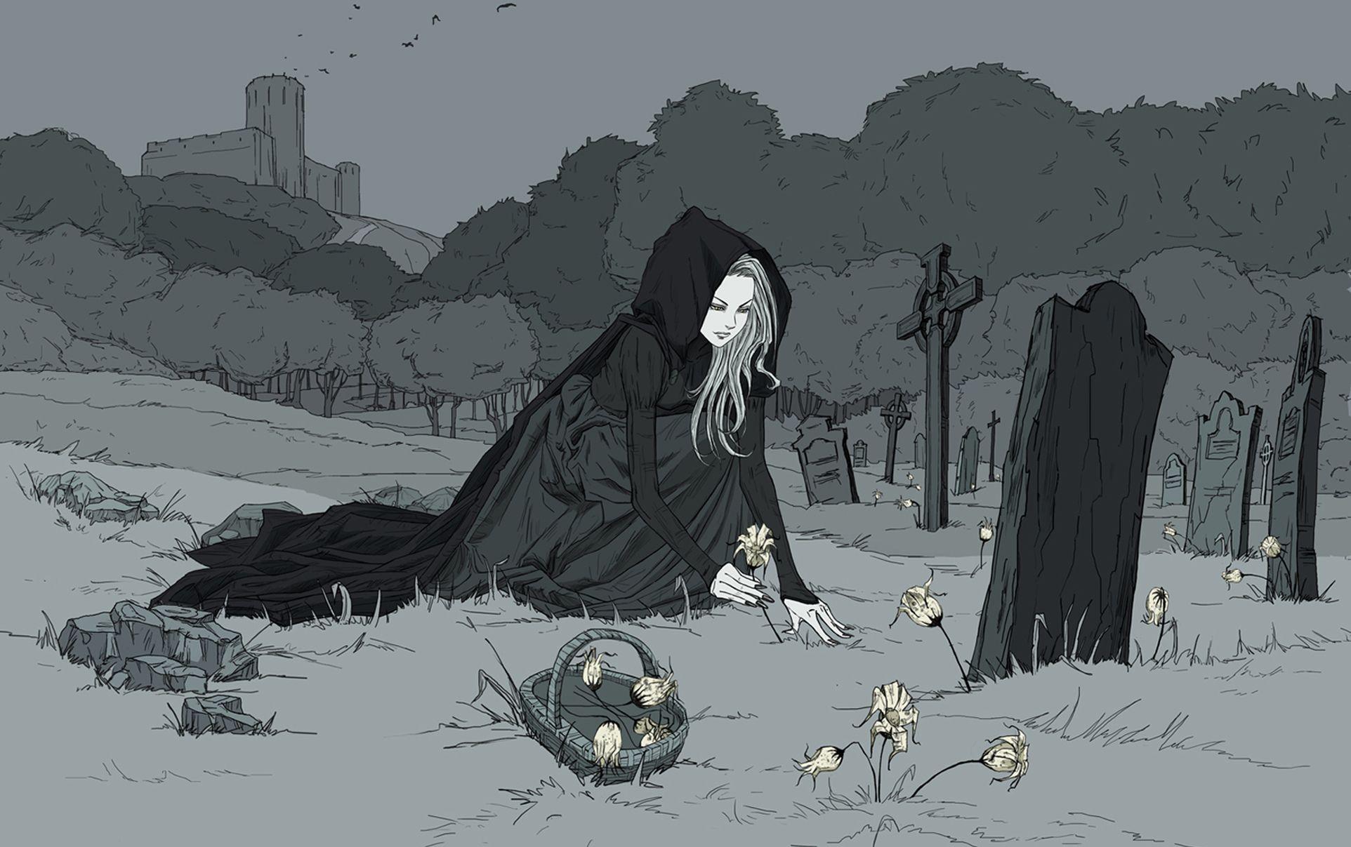 1924x1207 girl, Monochrome, Castle, Tombs, Birds, Flowers, Gothic, Sad