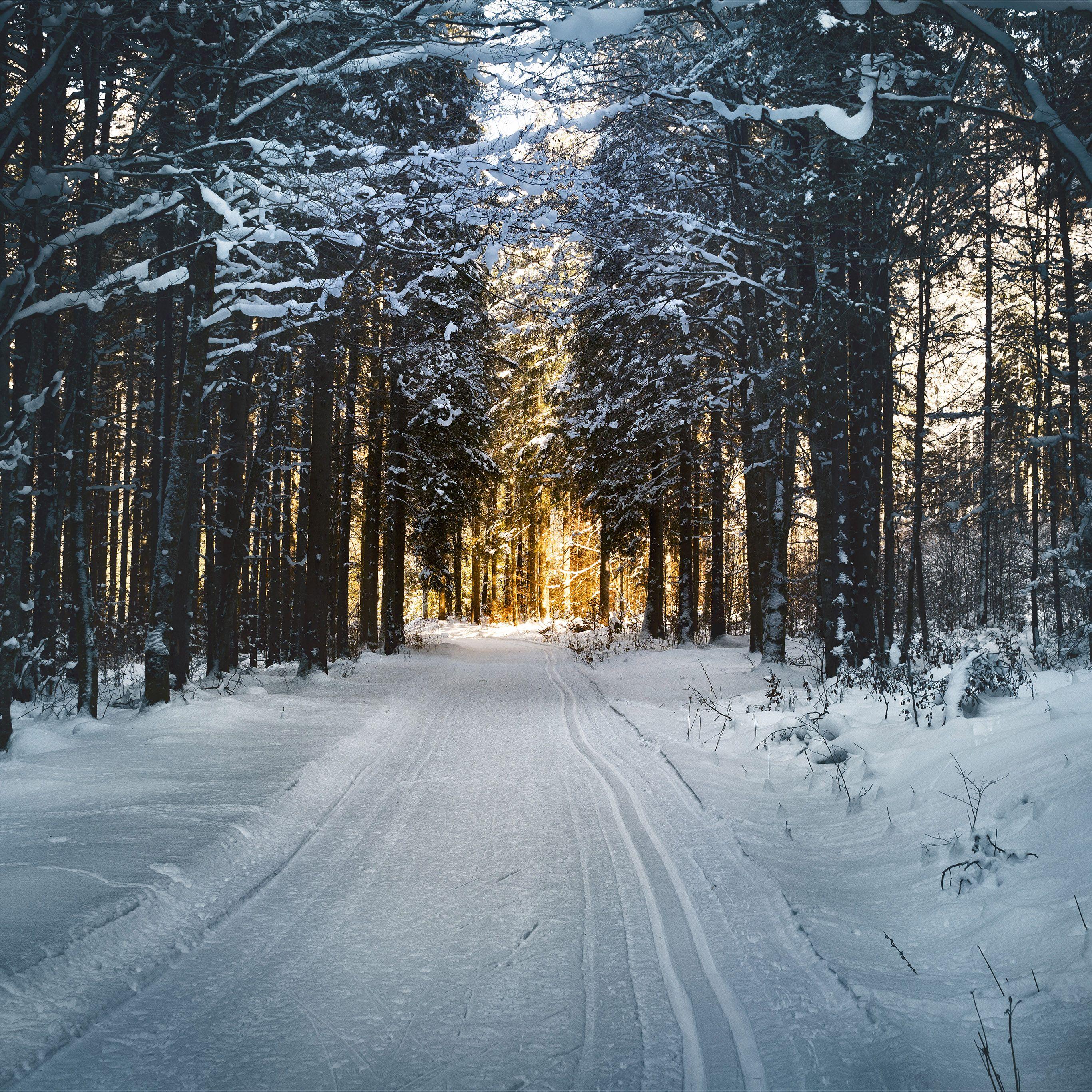 2732x2732 Snow Street Mountain Light Winter Nature Wallpaper