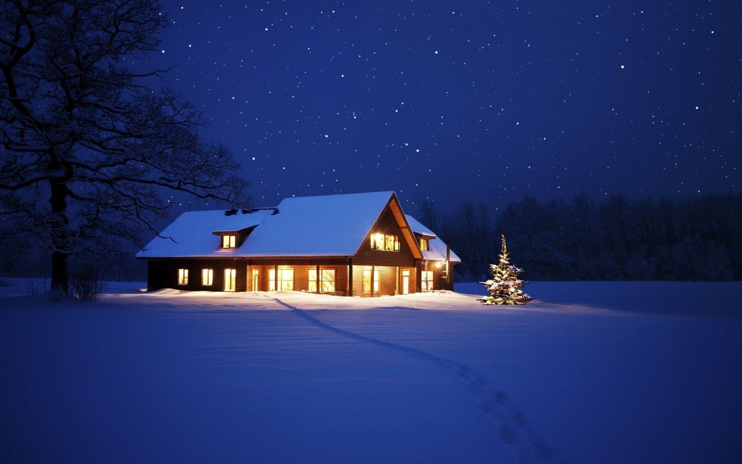 2560x1600 nature, Cabin, Winter, Snow, Night .