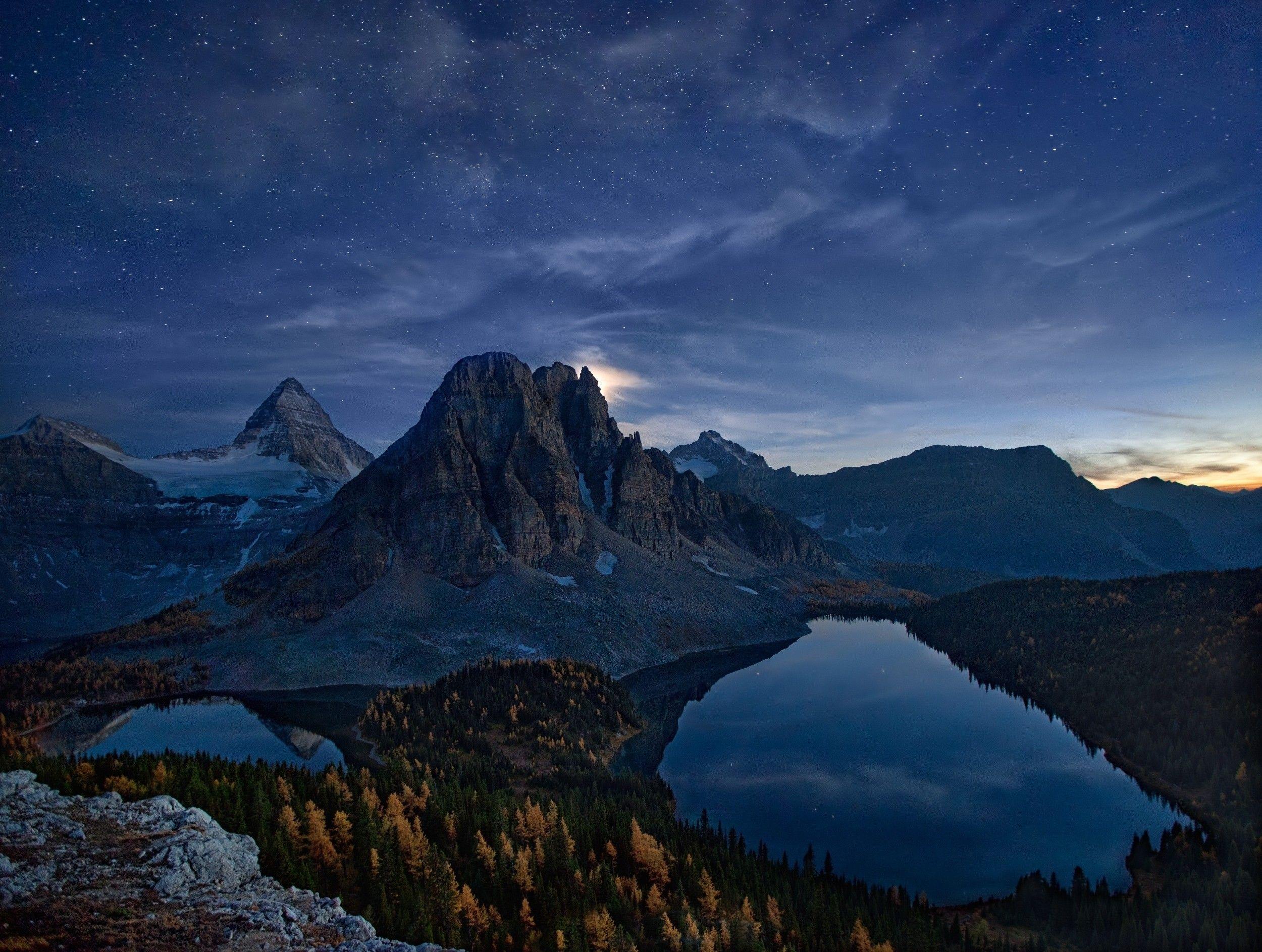 2500x1886 #Canada, #starry night, #forest, #cliff, #lake, #snowy