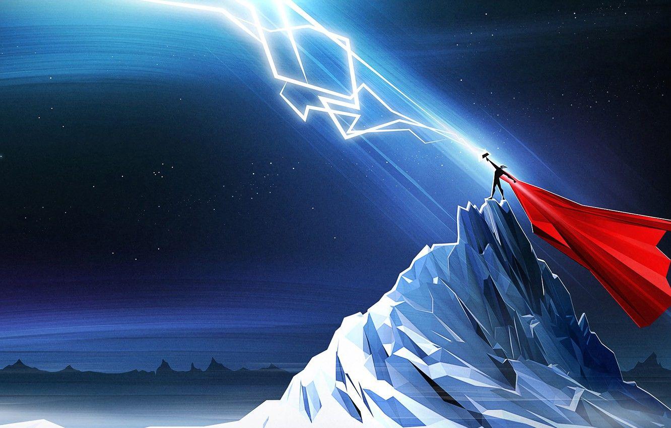 1332x850 Wallpaper Figure, Mountain, Zipper, Fantasy, Art, Art, Thor, Thor, God, God, Thunder, Mjollnir, The God of thunder, Thunder, Norse Mythology, the God of Thunder image for desktop, section минимализм
