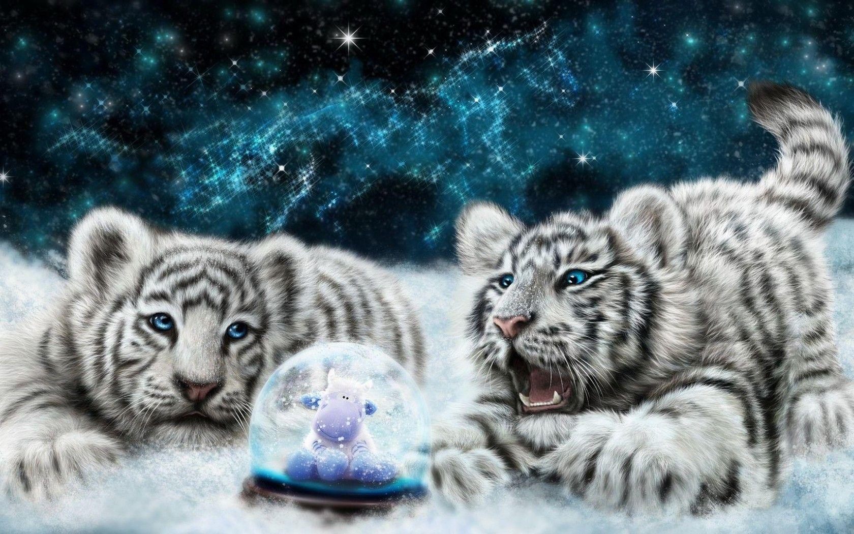 1680x1050 White tiger cubs looking at the snowglobe HD desktop wallpaper