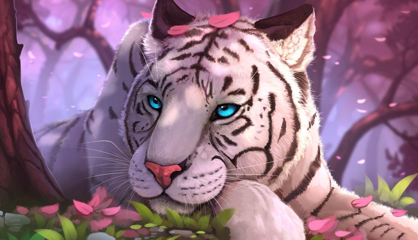 1336x768 Blue Eyes White Tiger In Fantasy World HD Laptop