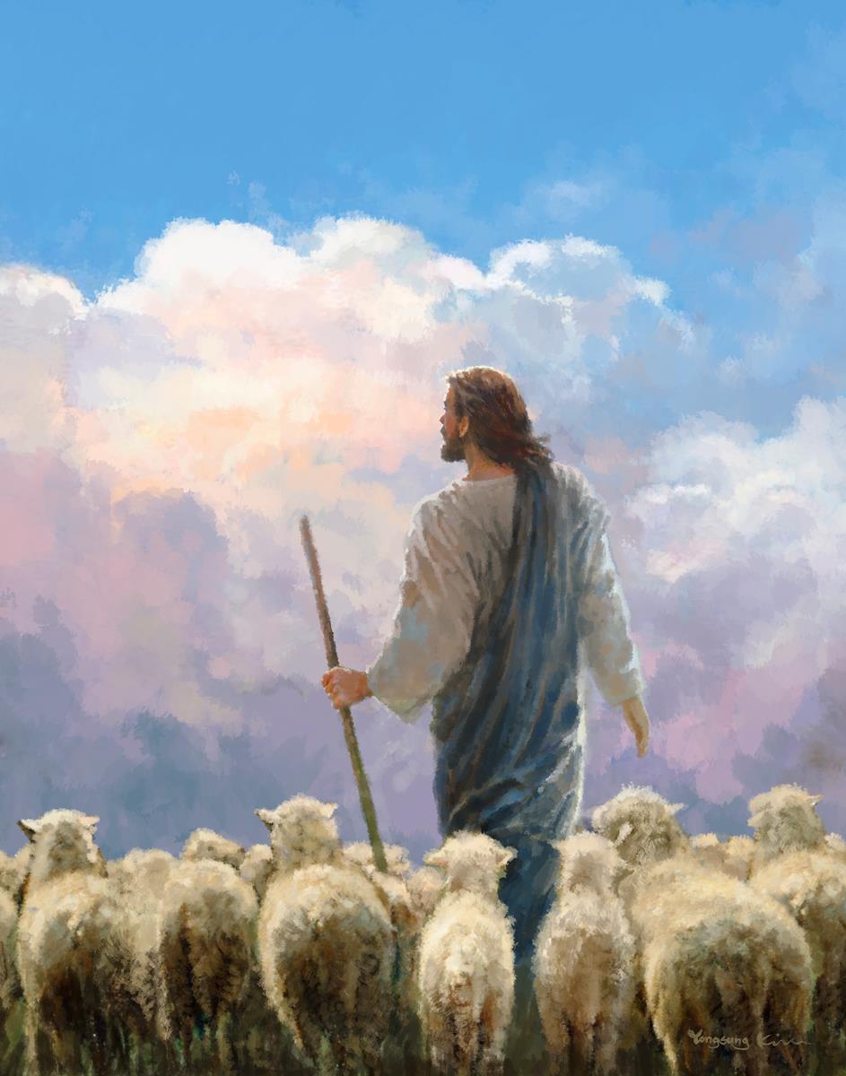 943x1200 In His Keeping by Yongsung Kim Jesus Christ white robe blue robe staff sheep pink clouds blue clouds white fluffy clouds blue sky