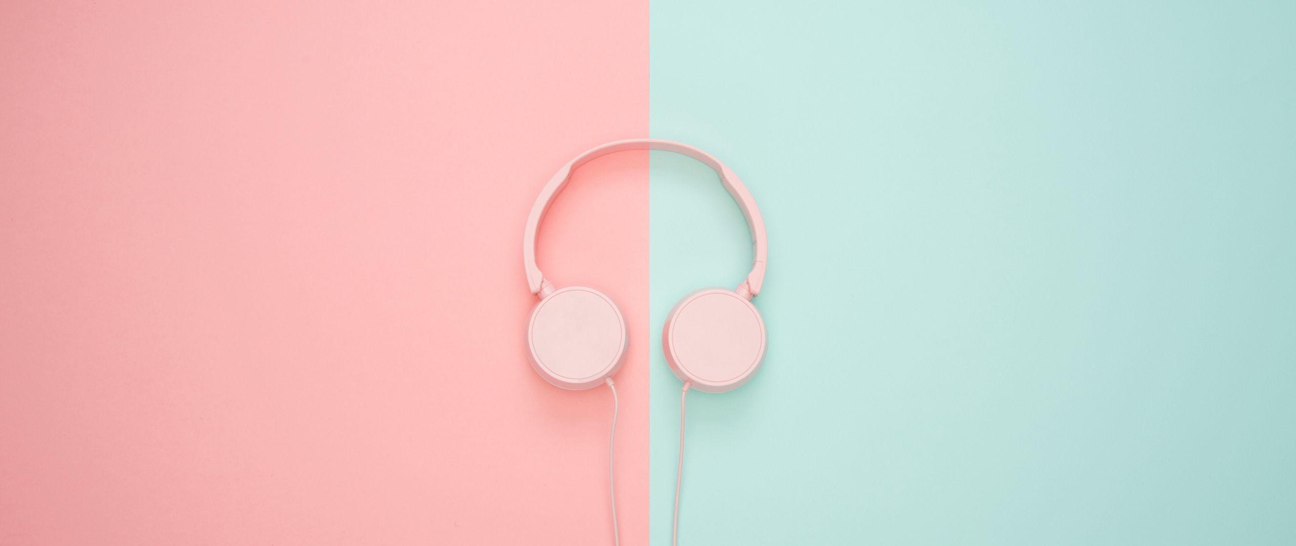 2560x1080 Download wallpaper 2560x1080 headphones, minimalism, pink, pastel dual wide 1080p HD background