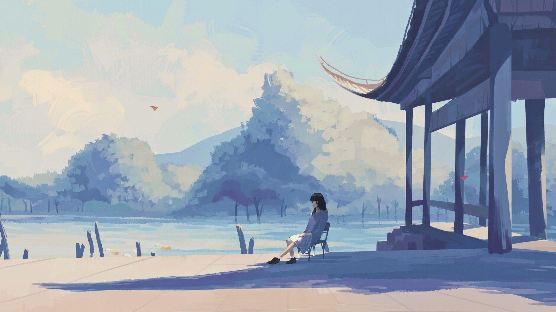 1920x1080 Download 1920x1080 Lonely Anime Girl, Lake, Pastel Colors, Shadow