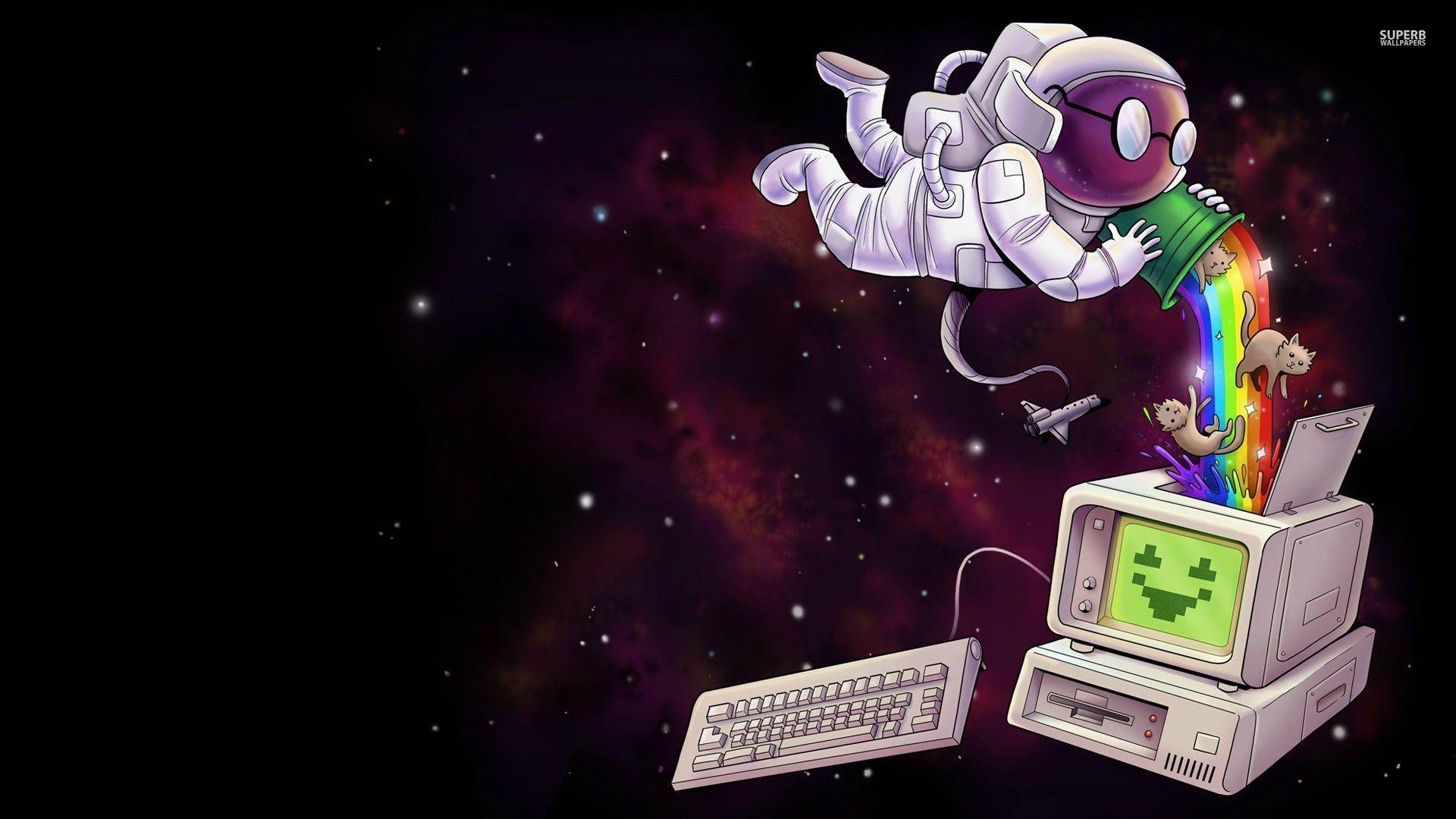 1920x1080 Astronaut gathering nyan cats in a computer wallpaper