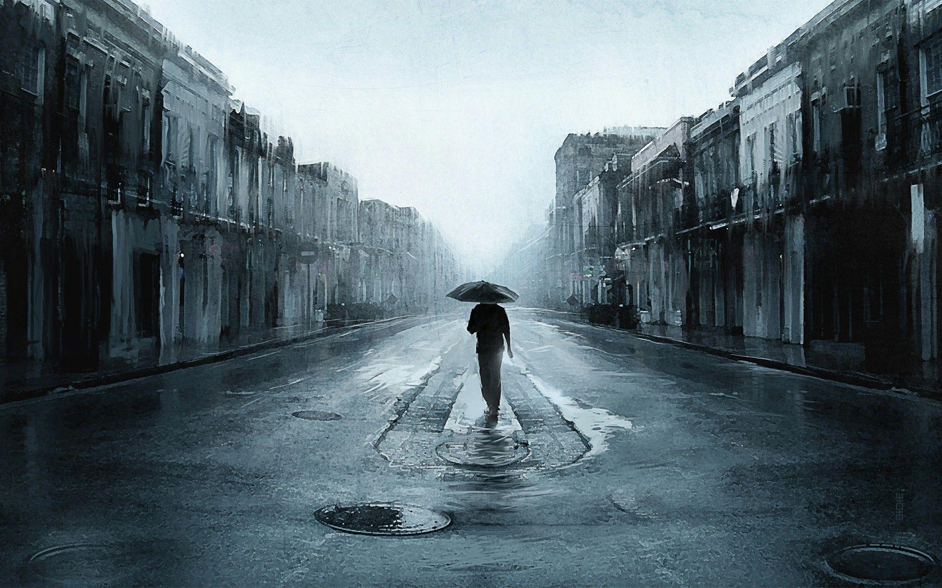 1920x1200 blue, men, sad, digital art, artwork, umbrellas, street wallpaper